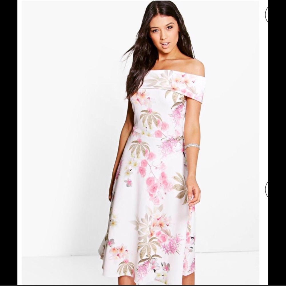 Boohoo off the shoulder floral midi dress